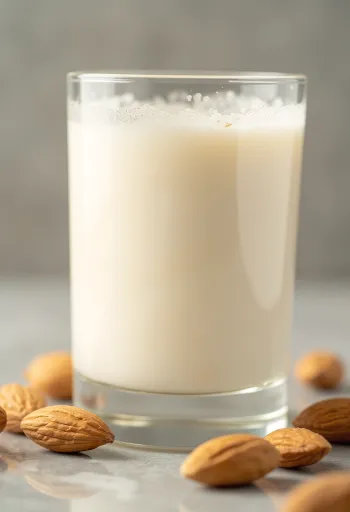 Mandelmjölk upphälld i ett glas, bredvid hela och malda mandlar