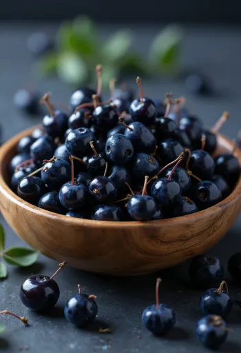 Färska maquibär i mörklila färg, en del delade, råa