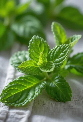 Hackad mynta i en keramikskål omgiven av färska myntablad