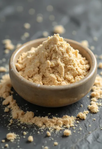 Baobabpulver i liten glasburk, jordigt brun färg, omgiven av färska baobabfrukter