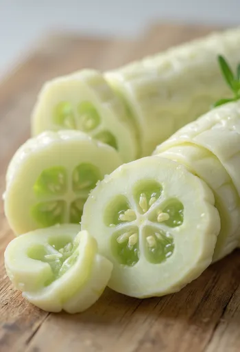 Skivad vit gurka på en skärbräda med färska grönsaker