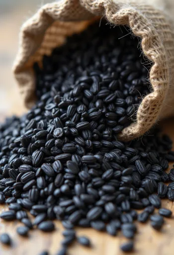 Svart ris i glasburk omgivet av lösa risskorn