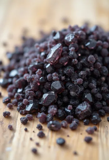 Svart salt i glasburk med saltkristaller och träsked