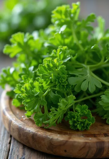 Färsk kruspersilja med gröna blad på skärbräda