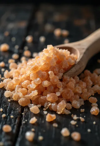 Rökt salt med brun färg i glasburk och kristaller