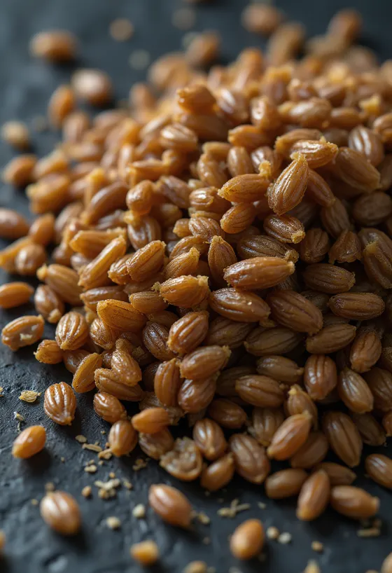 Rostade kornkärnor på skärbräda