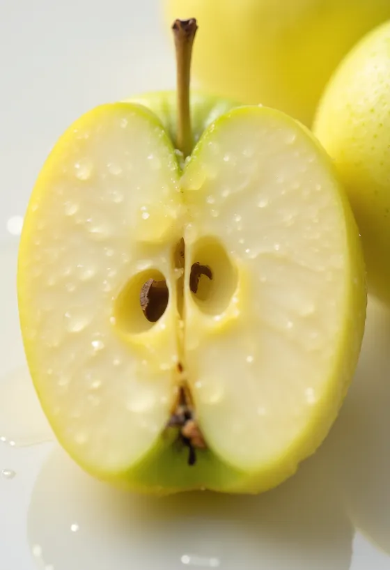 Färska Golden Delicious äpplen, hela och klyftade på skärbräda