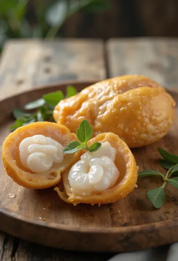 Skivade langsatfrukter på en skärbräda