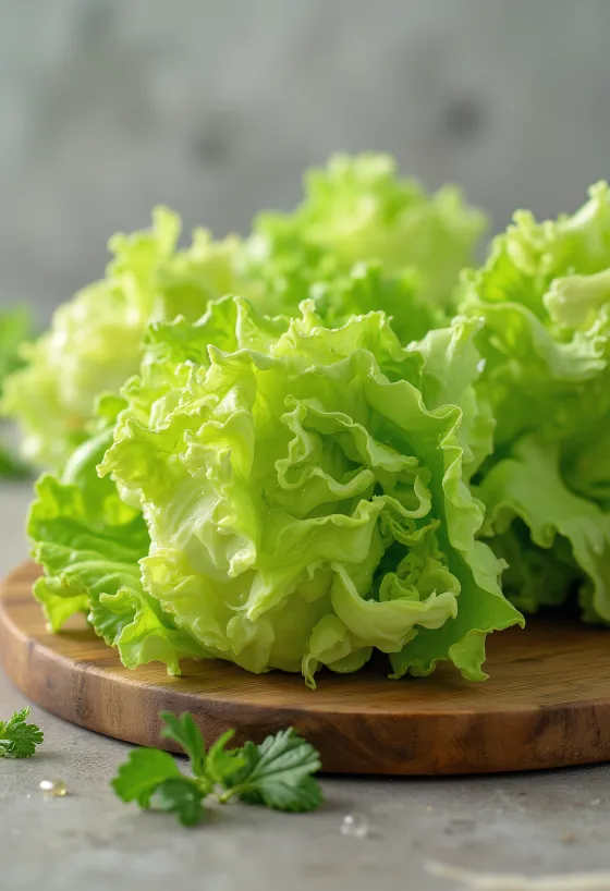 Färsk Lollo Bionda-sallad, med ljusgröna blad på skärbräda