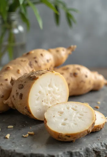 Skivade maniokrötter (cassava) på skärbräda, omgivna av färska grönsaker
