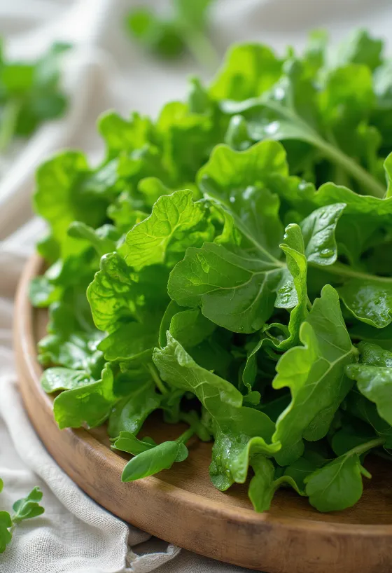 Färska senapsblad med vattendroppar på en träbänk