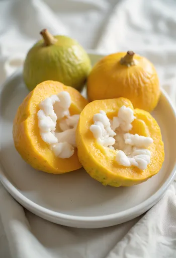 Skivor av santolfrukt på en skärbräda