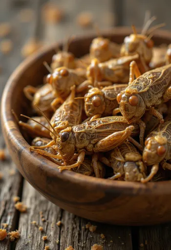 Färskt tillredda gräshoppor, fint upplagda