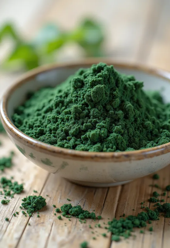 Spirulinapulver i en liten glasburk med djupgrön färg, omgiven av spirulinatabletter