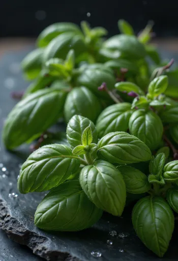 Färska blad av helig basilika på en ren tallrik