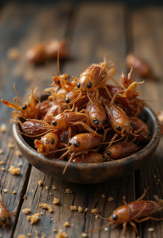 Färska syrsor för matlagning, fint upplagda på tallrik