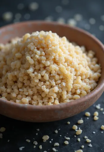 Bild på Fonio (Acha) spannmål, i rå form, på en yta av trä