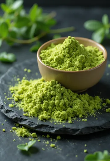 Korngräspulver i liten glasburk med rik grön färg, omgiven av färska korngrässtrån