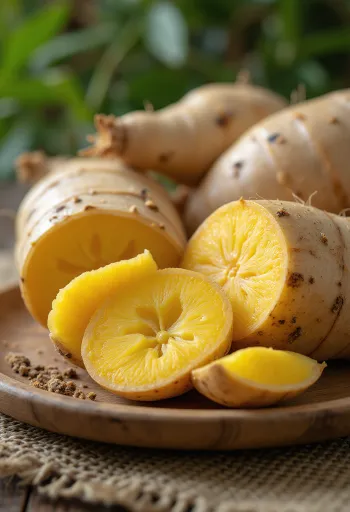 Bild på arracacha, skurna skivor på en skärbräda