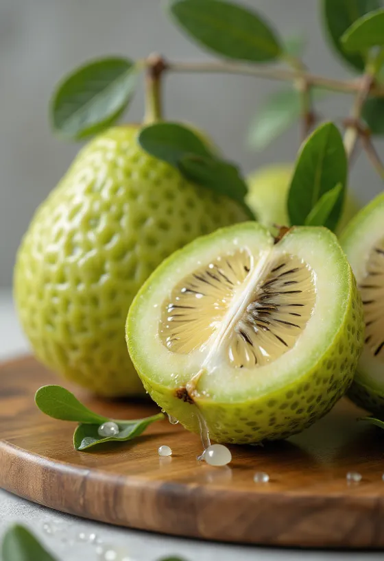 Feijoafrukt med grönt skal och saftigt fruktkött