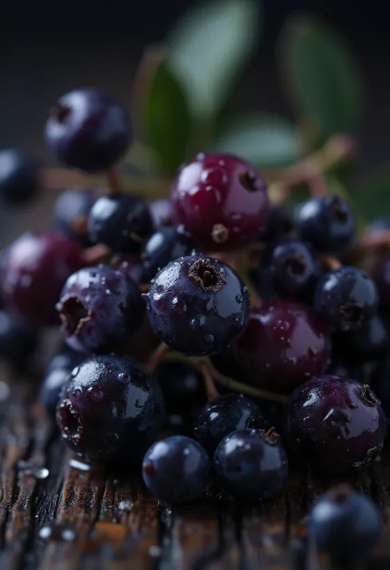 Mörklila fläderbärsklasar i närbild