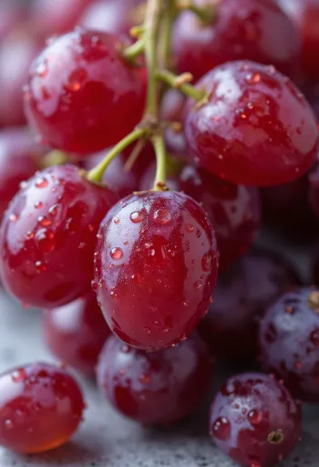 Närbild på kärnfria röda druvor, färska och saftiga bär med djuprött skal