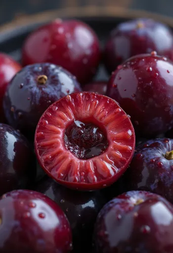 Körsbärsplommon i klyfta, närbild på livfullt rött fruktkött