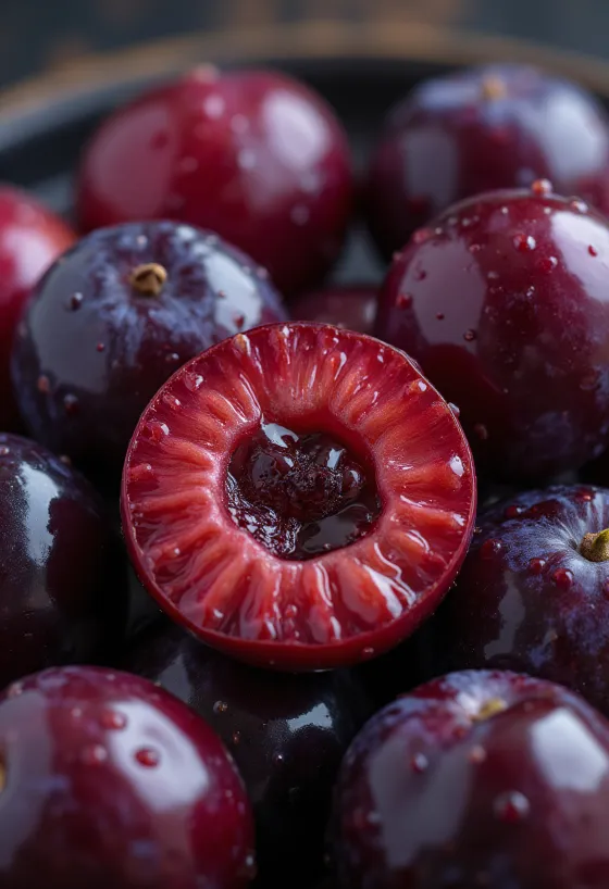 Körsbärsplommon i klyfta, närbild på livfullt rött fruktkött