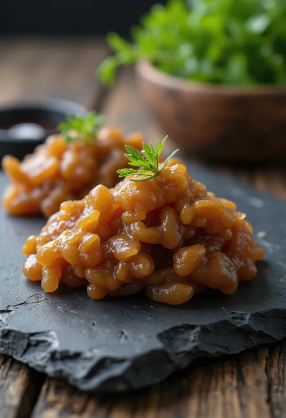 Misopasta i keramikskål, omgiven av kokta sojabönor, riskoji och havssalt