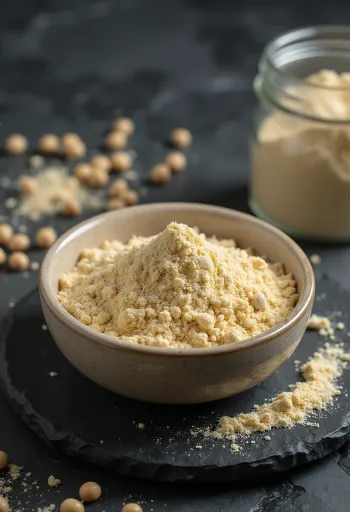 Ärtproteinpulver i skål, beige färg, med gula ärter bredvid