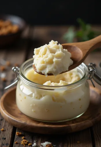 Rått ankfett i glasskål, omgivet av bitar av fettvävnad