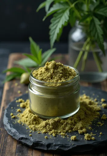 Rått hampaproteinpulver i skål bredvid hampfrön för dokumentation