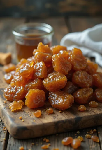 Råa propolisbitar på träyta i naturligt tillstånd