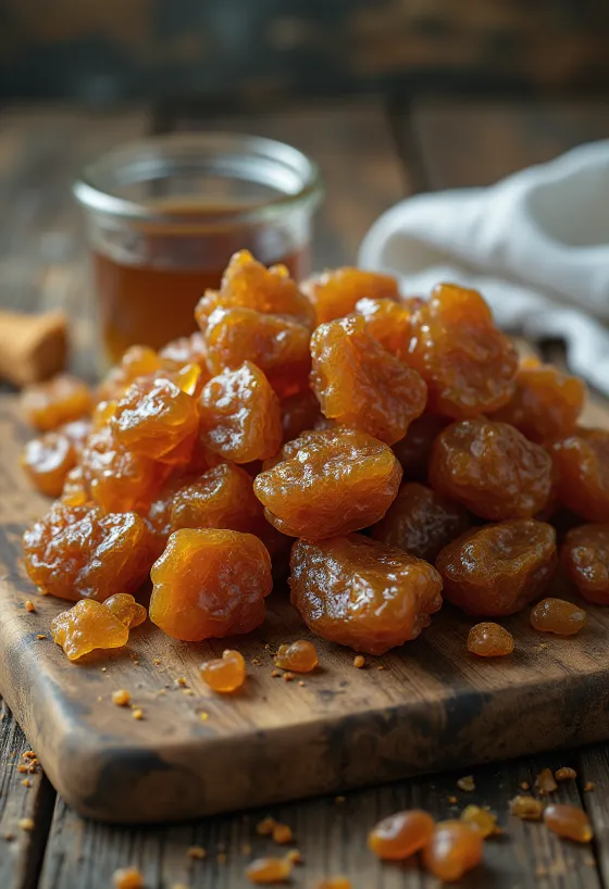 Råa propolisbitar på träyta i naturligt tillstånd