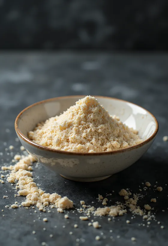 Rårisprotein i ljusbeige färg i skål bredvid brunt ris