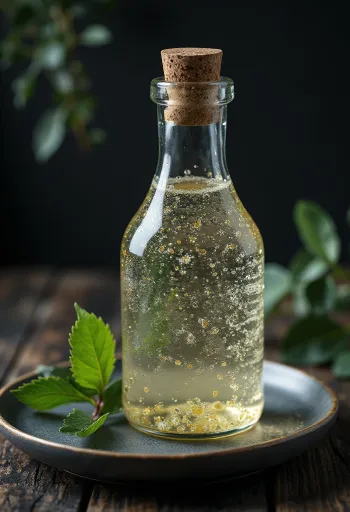 Björksav i glasflaska och glas, med björknäver och kvistar