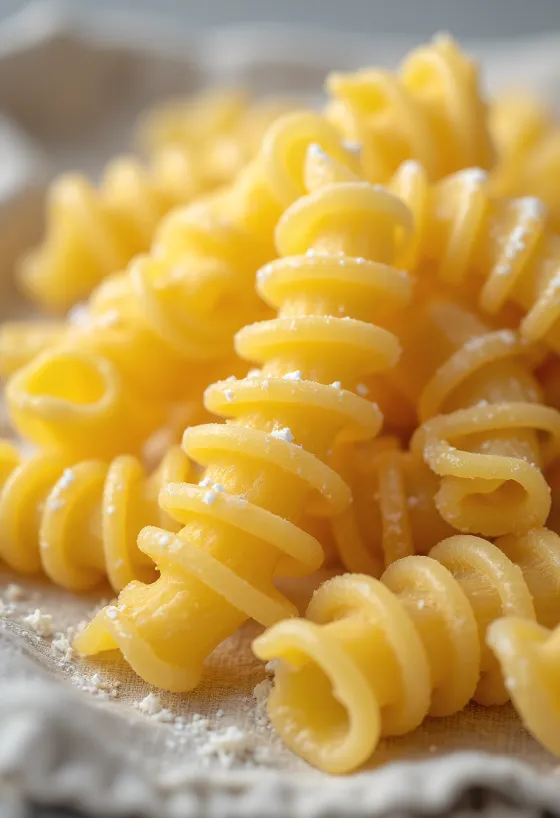 Torr fusillipasta utspridd i spiralform på träyta