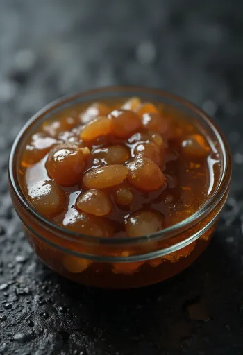 Ostronsås i keramikskål, bredvid kokt ostronkött, sojasås och socker i små skålar