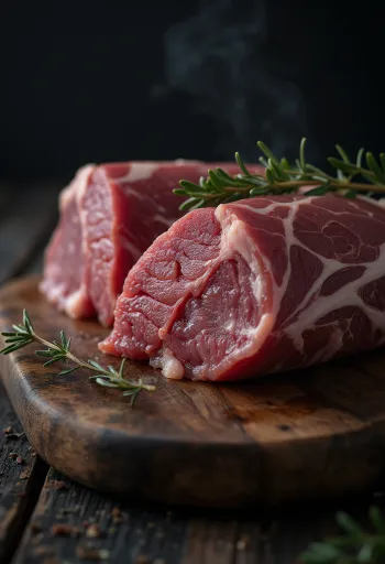 Färska bitar av rådjurskött med enbär, rosmarin och vitlök på träyta