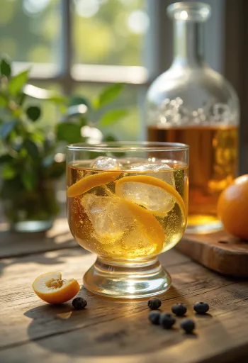 Flaska och glas med pálinka tillsammans med färsk frukt på rustik yta