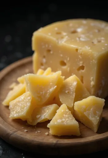 Skivad och riven parmesanost på skärbräda i trä