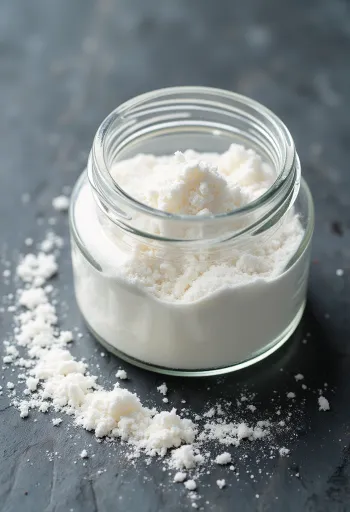 Pektinpulver i liten skål med träsked mot ljus, neutral bakgrund