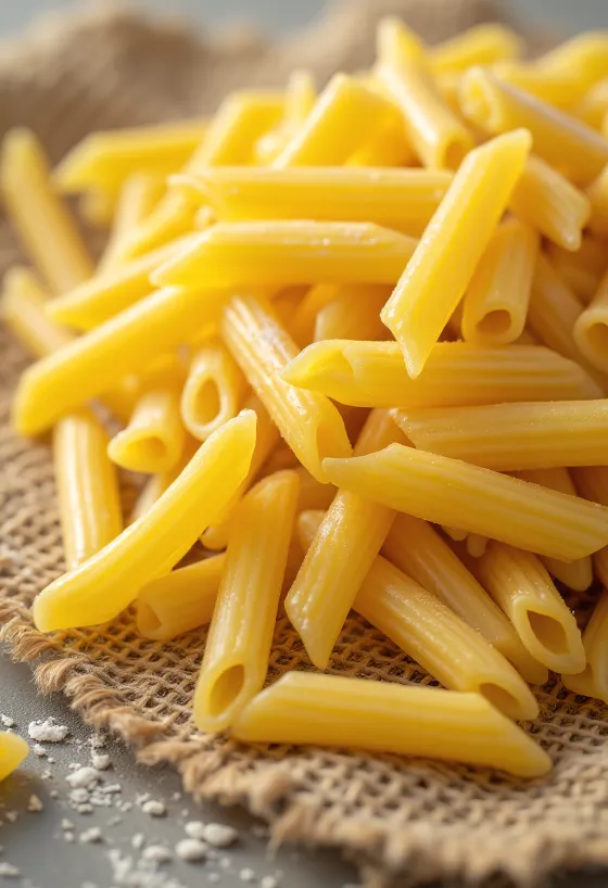 Okokt penne med räfflad yta på träunderlag