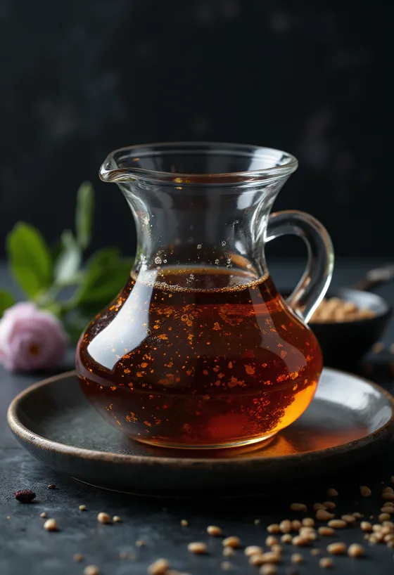 Rostad sesamolja i mörk flaska bredvid en skål med rostade sesamfrön