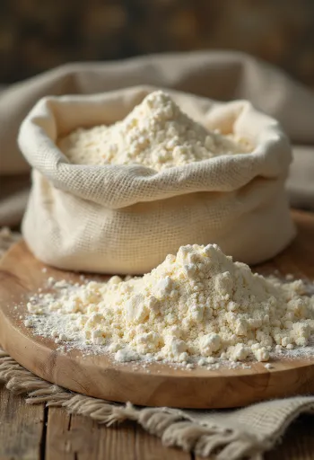 Plantainmjöl i skål med sked, grön kokbanan och torkade skivor