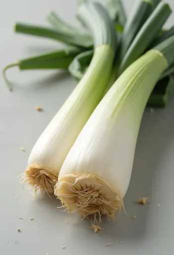 Färsk purjolök skivad och hel på träbord