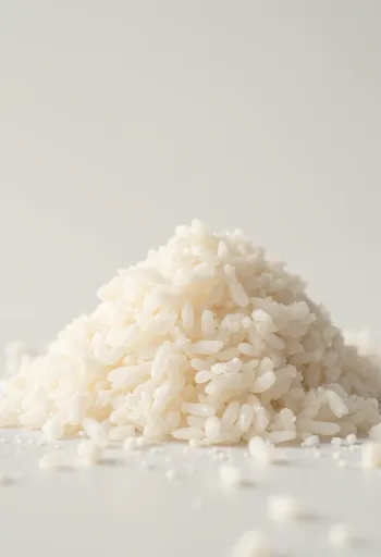 Okokt rismannagryn med ljusa korn i keramikskål på träyta