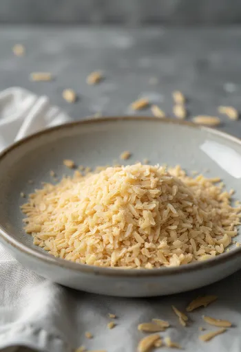 Riskli i liten keramikskål och utspritt på köksbänk av trä