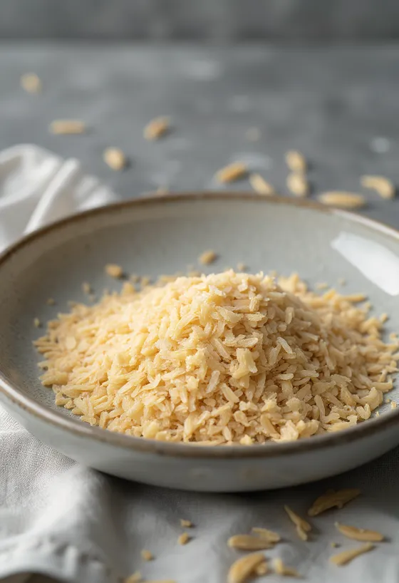 Riskli i liten keramikskål och utspritt på köksbänk av trä