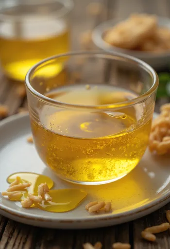 Riskliolja i flaska med riskorn och kli mot naturlig bakgrund